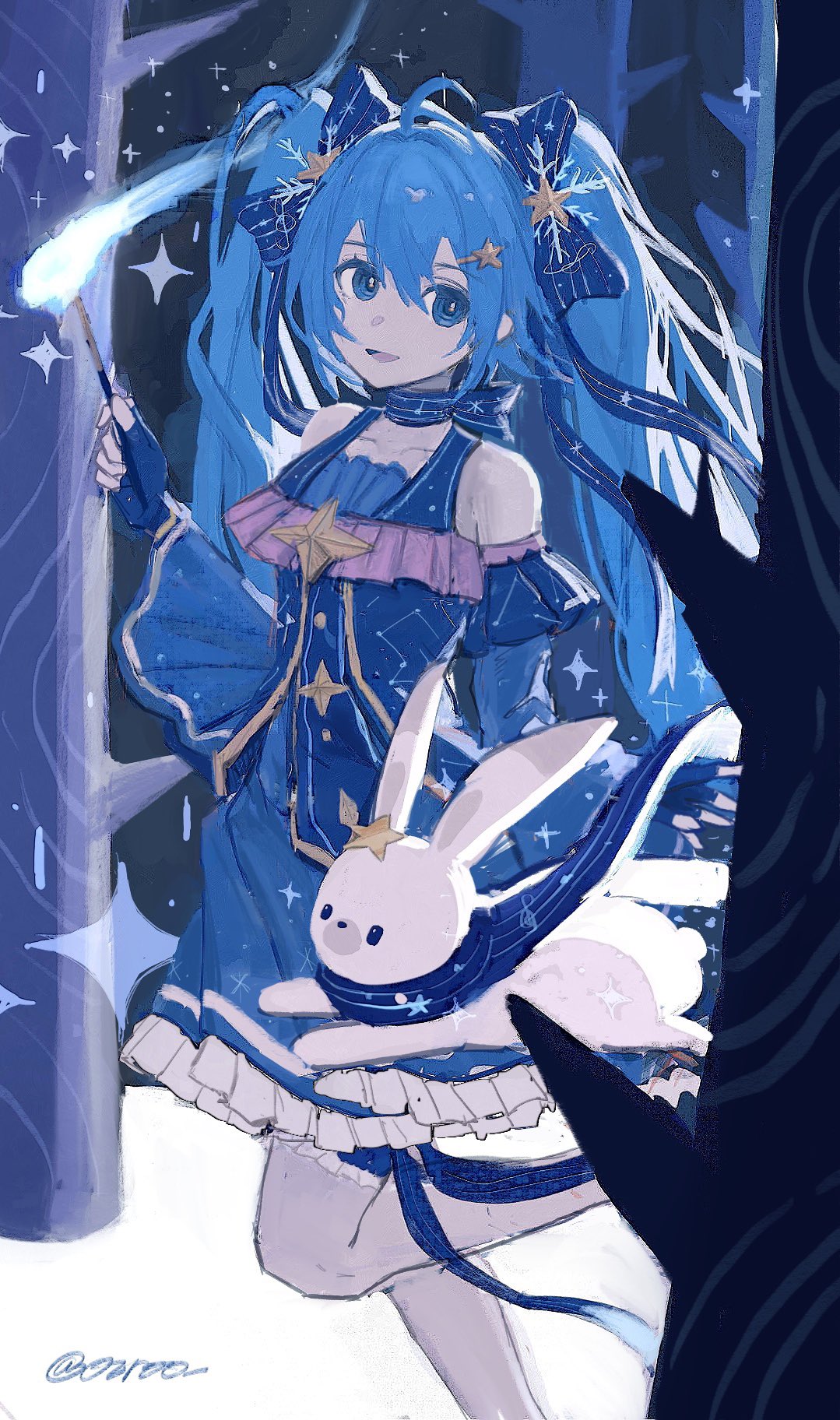 1girl ahoge bagml bare_shoulders blue_dress blue_eyes blue_hair bow collarbone constellation constellation_print detached_sleeves dress feet_out_of_frame fingerless_gloves forest frilled_dress frilled_thighhighs frills from_side gloves hair_between_eyes hair_bow hair_ornament hairclip hatsune_miku highres holding holding_wand long_hair looking_at_viewer nature open_mouth outdoors rabbit_yukine ribbon scarf sidelocks signature smile snow solo star_(symbol) star_hair_ornament thighhighs twintails very_long_hair vocaloid walking wand white_thighhighs yuki_miku yuki_miku_(2017)