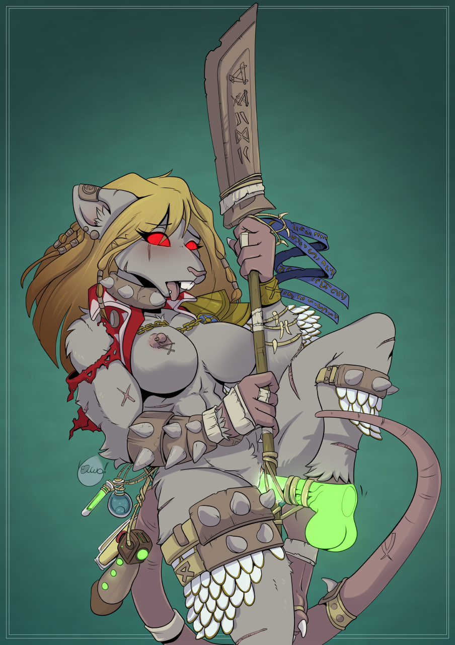 2023 5_fingers anthro armor big_breasts blonde_hair blush bone_accessory breasts buckteeth clothing collar digit_ring dildo dildo_in_pussy dildo_insertion ear_piercing female fingers fur genitals green_background green_dildo grey_body grey_fur hair halberd hi_res holding_halberd jacket jewelry mammal masturbation melee_weapon nipple_piercing nipples open_mouth penetration piercing polearm pussy raised_leg red_clothing red_eyes red_jacket red_topwear ring riskit_cheesethief rodent scar sex_toy sex_toy_in_pussy sex_toy_insertion simple_background skaven solo spiked_collar spikes teeth toe_ring tongue tongue_out topwear torn_clothing unconvincing_armor vaginal vaginal_masturbation vaginal_penetration vial warhammer_(franchise) weapon yawg
