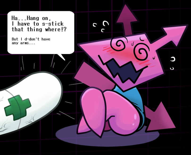 anonymous_artist anthro armless arrow_(anatomy) blue_clothing blue_shirt blue_topwear blush bodily_fluids clothing darkner deltarune drugs female monster nervous nervous_smile open_mouth pills pink_body shirt short_stack simple_background sitting speech_bubble spiral_eyes suppository sweat teeth text topwear undertale_(series) vein virovirokun