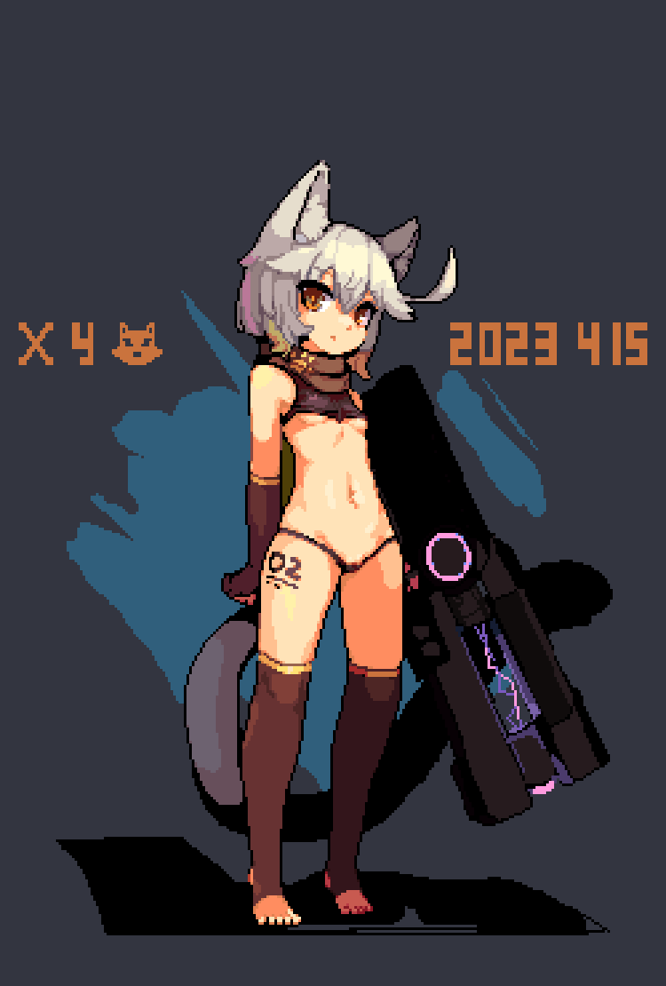 1girl ahoge animal_ears breasts brown_eyes cat02a cat_ears cat_girl cat_tail chinese_commentary crop_top dated energy_gun full_body gloves grey_background gun leg_tattoo looking_at_viewer micro_panties navel original panties pixel_art pussy pussy_peek revealing_clothes small_breasts solo standing stomach tail tattoo thighhighs underboob underwear weapon white_hair