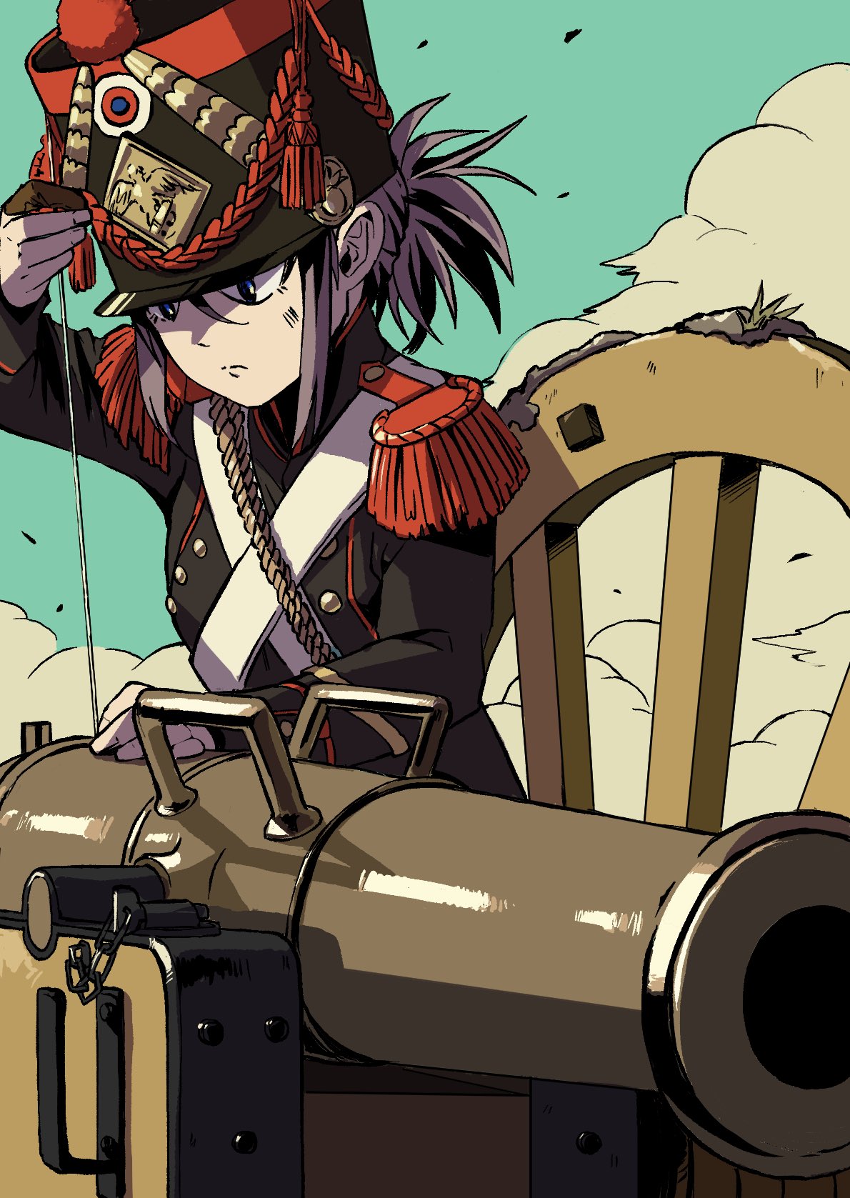 1girl antique_firearm black_jacket blue_eyes blue_sky buttons cannon chain cloud commentary_request double-breasted epaulettes france french_army grey_hair gun hair_between_eyes hat highres jacket looking_at_object machinery military_hat military_uniform original ponytail reloading roundel shako_cap sidelocks sky soldier solo uniform upper_body weapon wheel zeinikunosekai
