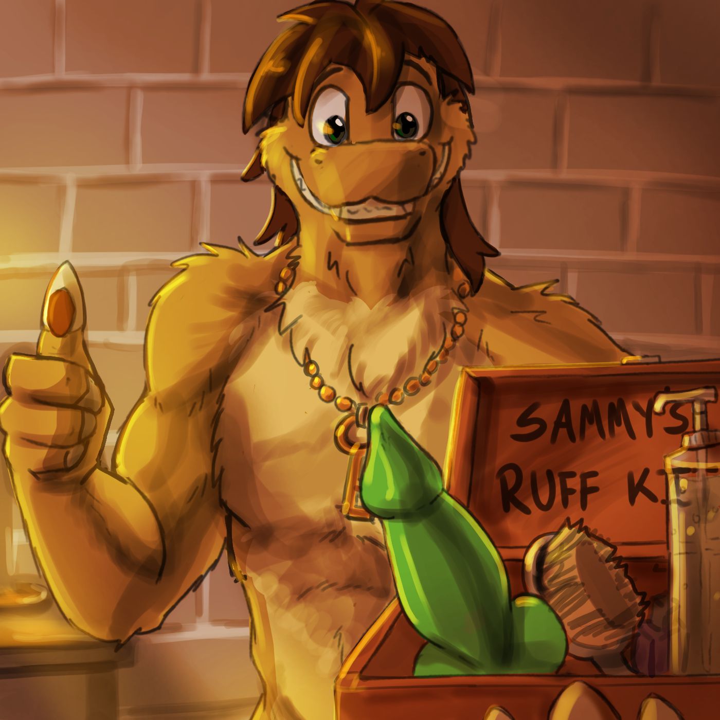 agent_york anthro box brick_wall brush chupadore container crossroadspony dildo gesture grin hi_res jewelry key looking_at_viewer lube_bottle male muscular muscular_male necklace raemyshu rvb_revolution sex_toy shirtless simple_background smile solo thumbs_up wall_(structure)