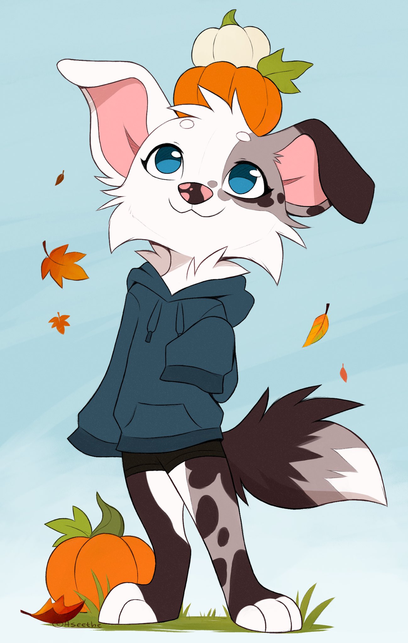 2023 anthro aseethe autumn black_body black_fur blue_eyes bottomwear canid canine canis cheek_tuft clothed clothing digital_media_(artwork) dipstick_tail domestic_dog facial_tuft floppy_ears food fruit fully_clothed fur grey_body grey_fur head_tuft hi_res hoodie leaf mammal markings plant pumpkin shorts signature smile solo spots spotted_body spotted_fur tail tail_markings topwear tuft white_body white_fur