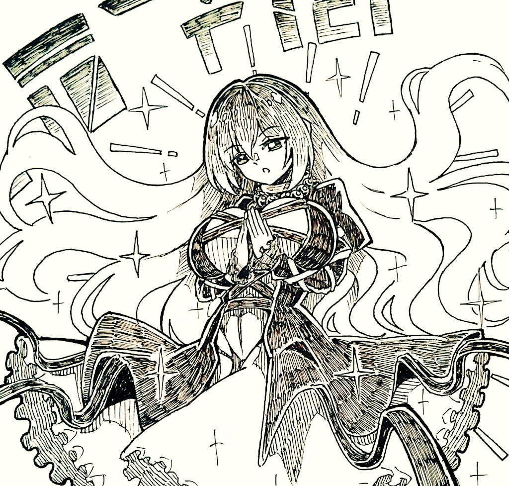 ! 1girl breasts commentary cross-laced_clothes dress gradient_hair greyscale gurajio hijiri_byakuren juliet_sleeves large_breasts layered_dress long_hair long_sleeves monochrome multicolored_hair open_mouth own_hands_together puffy_sleeves simple_background solo sorcerer's_sutra_scroll star_(symbol) touhou
