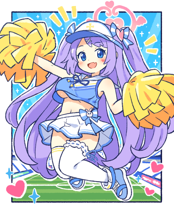 1girl bare_shoulders blue_archive blue_bow blue_eyes bow breasts cheerleader commentary fang halo hanae_(blue_archive) hanae_(cheer_squad)_(blue_archive) heart jumping large_breasts legwear_garter long_hair looking_at_viewer midriff navel onyhakase open_mouth pleated_skirt pom_pom_(cheerleading) purple_hair sailor_collar shoes skirt sleeveless solo stadium thighhighs twintails underboob very_long_hair visor_cap white_skirt white_thighhighs zettai_ryouiki
