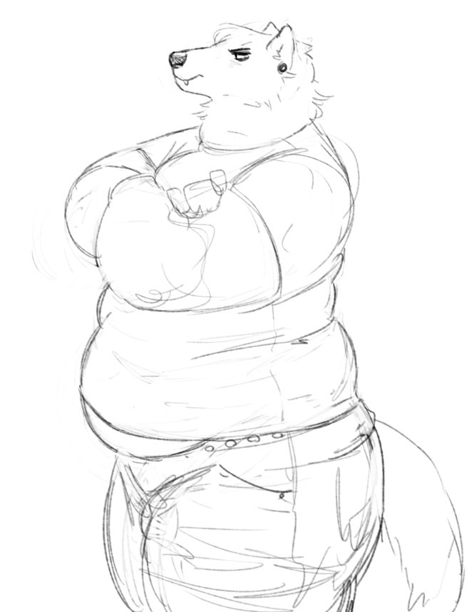 2022 ambiguous_gender anthro belly bottomwear cettus clothed clothing crossed_arms ear_piercing female gulonine mammal mustelid musteline overweight overweight_anthro overweight_female pants piercing shirt sketch solo tail topwear wolverine