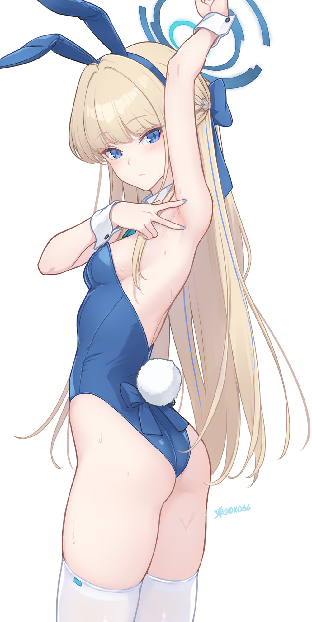 1girl animal_ears arm_up armpits ass bare_shoulders blonde_hair blue_archive blue_eyes blue_leotard blush bow bowtie braid breasts commentary dan_(kumadan) detached_collar earpiece fake_animal_ears fake_tail french_braid halo highleg highleg_leotard highres leotard long_hair looking_at_viewer medium_breasts official_alternate_costume playboy_bunny rabbit_ears rabbit_tail revision sideboob simple_background solo spread_armpit tail thighhighs thighs toki_(blue_archive) toki_(bunny)_(blue_archive) white_background white_thighhighs wrist_cuffs