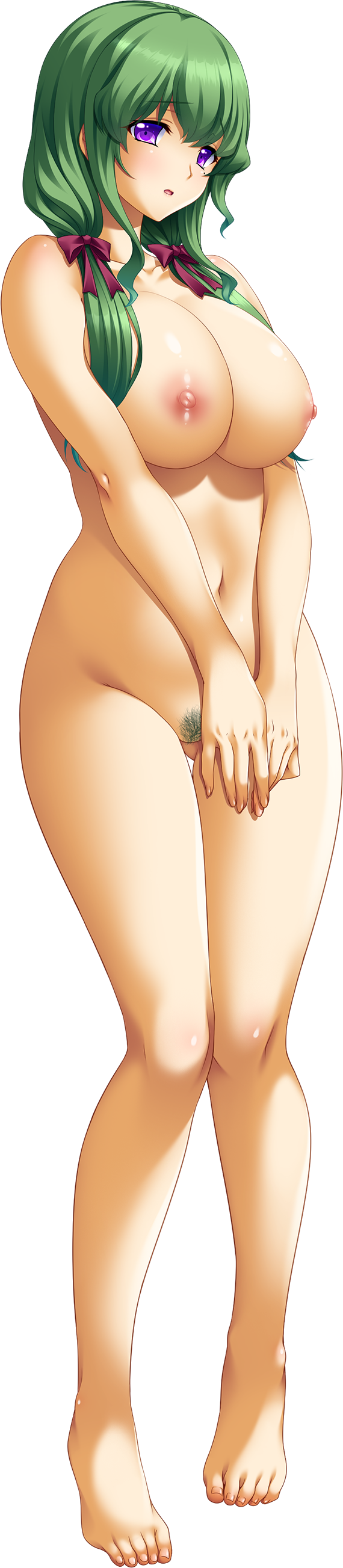 1girl absurdres akagi_rio barefoot breasts completely_nude female_pubic_hair full_body green_hair grey_hair hair_over_shoulder highres huge_breasts kutsujoku long_hair navel nipples nitou_tomoe non-web_source nude official_art photoshop_(medium) pubic_hair purple_eyes solo tachi-e tall_image transparent_background twintails v_arms