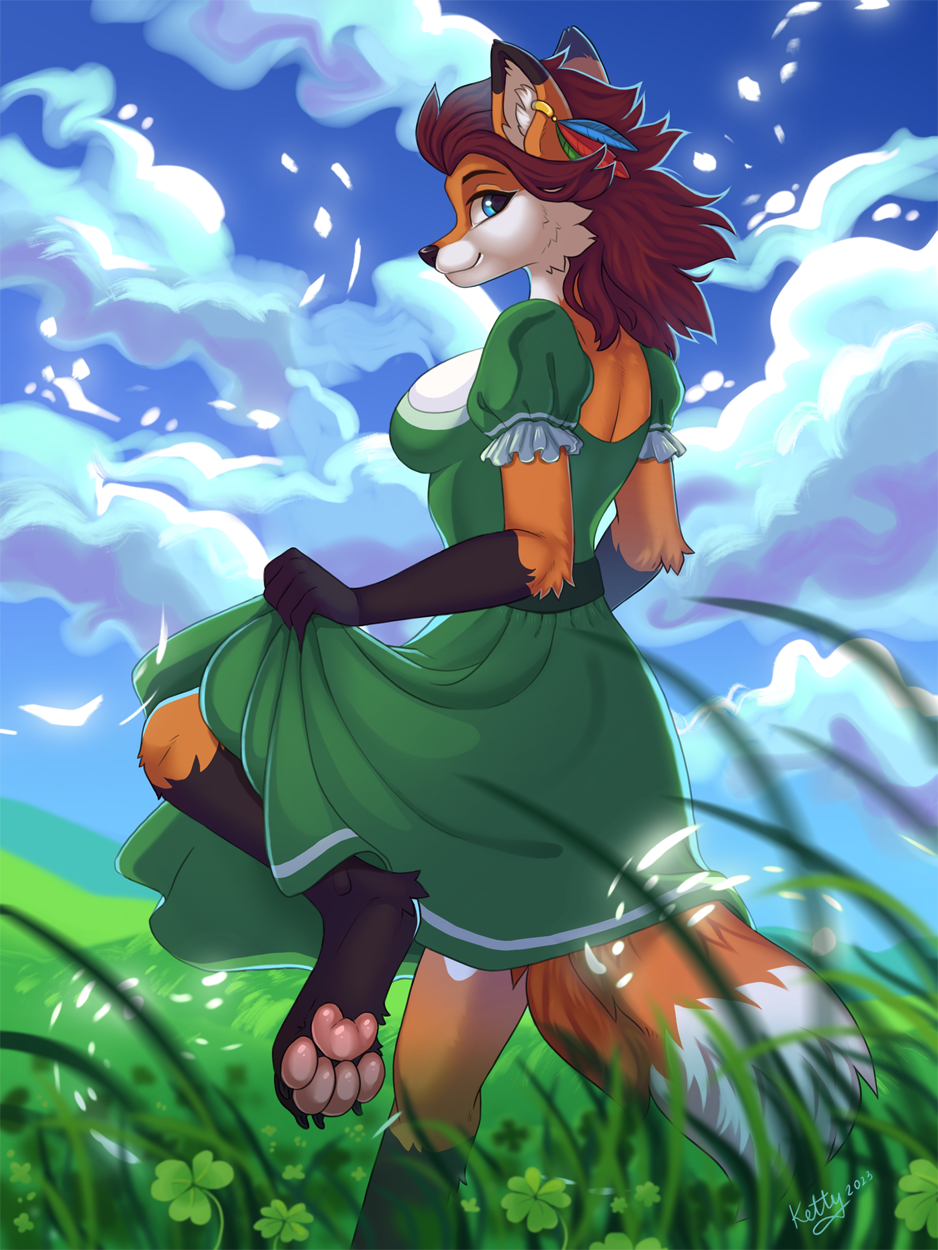 2023 4_toes 5_fingers anthro blue_eyes breasts brown_hair canid canine clothed clothing day detailed_background digital_media_(artwork) dress ear_piercing ear_ring eyebrows eyelashes feet female fingers fox hair hi_res ketty mammal outside pawpads piercing ring_piercing sky smile solo toes