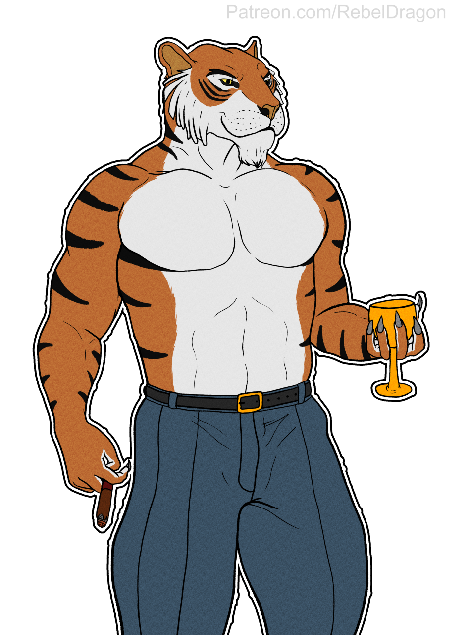 abs anthro bengal_tiger beverage cigar claws clothed clothing container cup disney felid feline hi_res male mammal muscular necktie pantherine pecs rebeldragon101 shere_khan smoking smoking_cigar solo talespin tiger topless topless_male