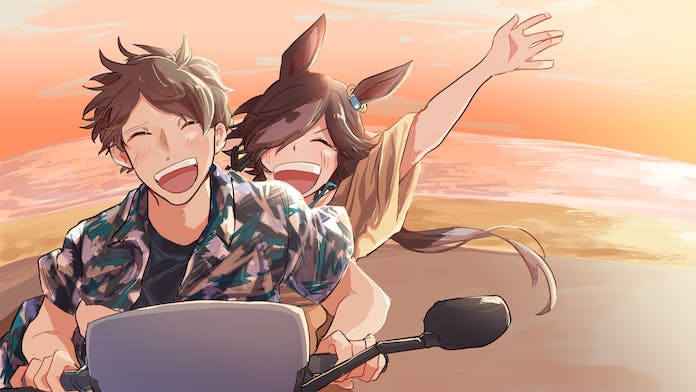 1boy 1girl animal_ears arm_up bangs brown_hair closed_eyes cloud cloudy_sky commission hair_over_one_eye hawaiian_shirt hiyo_(2016.10) horse_ears horse_girl long_hair motor_vehicle motorcycle open_mouth orange_sky outdoors ponytail riding shirt short_hair short_sleeves skeb_commission sky smile sunset teeth trainer_(umamusume) umamusume upper_teeth_only vodka_(umamusume) yellow_shirt