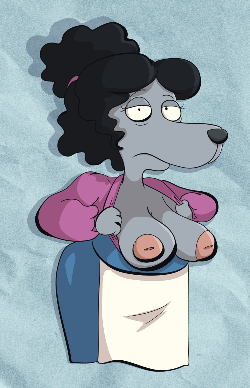 2023 4_fingers anthro apron areola armando's_wife_(family_guy) black_hair blue_background blue_bottomwear blue_clothing blue_dress bottomwear breasts clothing dress exposed_breasts eye_bags eyebrows eyelashes female fingers frown grey_body hair hair_bun hi_res inverted_nipples jodero mammal mature_anthro mature_female murid murine narrowed_eyes nipples pink_clothing pink_shirt pink_topwear presenting presenting_breasts rat rodent shaded shadow shirt simple_background simple_coloring simple_shading solo topwear