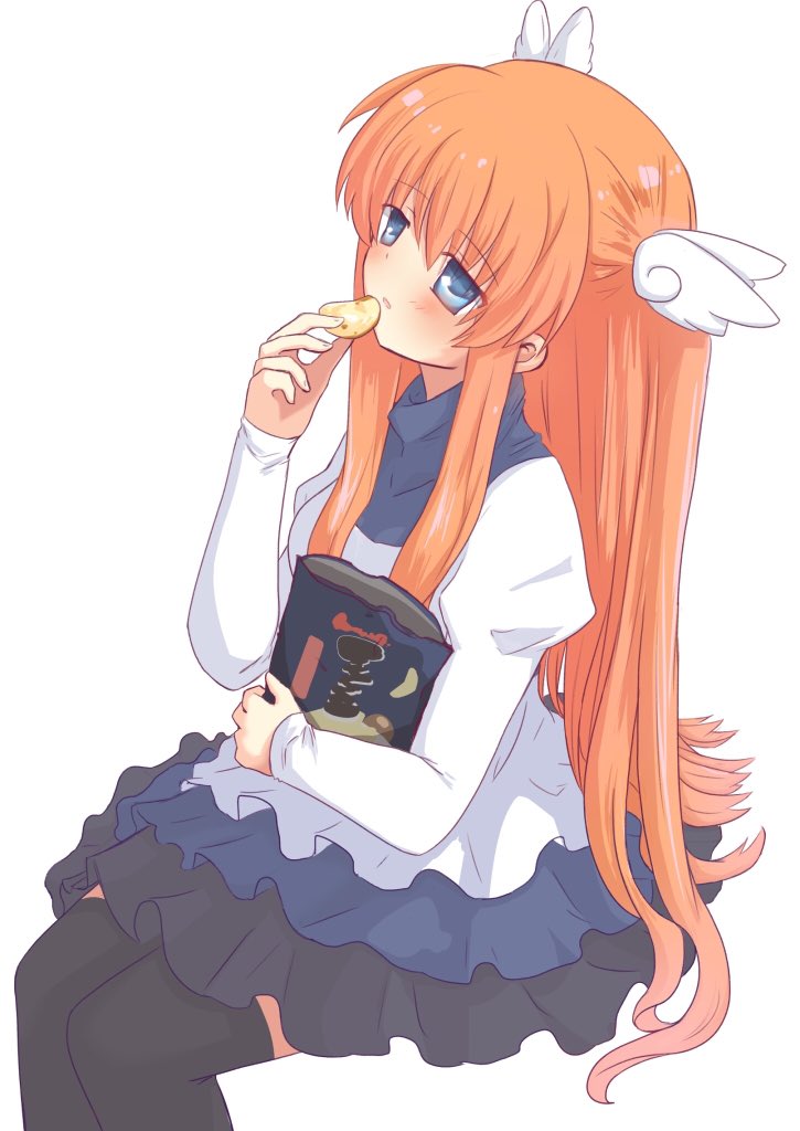 1girl black_thighhighs blue_eyes blush canaca_chiyuri casual chips_(food) commentary cowboy_shot dress eyes_visible_through_hair food hair_between_eyes hand_up holding holding_food juliet_sleeves long_hair long_sleeves looking_afar official_alternate_costume ootori_chihaya orange_hair parted_lips petticoat potato_chips puffy_sleeves rewrite short_dress sidelocks simple_background sitting sleeves_past_wrists solo straight_hair thighhighs turtleneck two_side_up very_long_hair white_background white_dress wing_hair_ornament