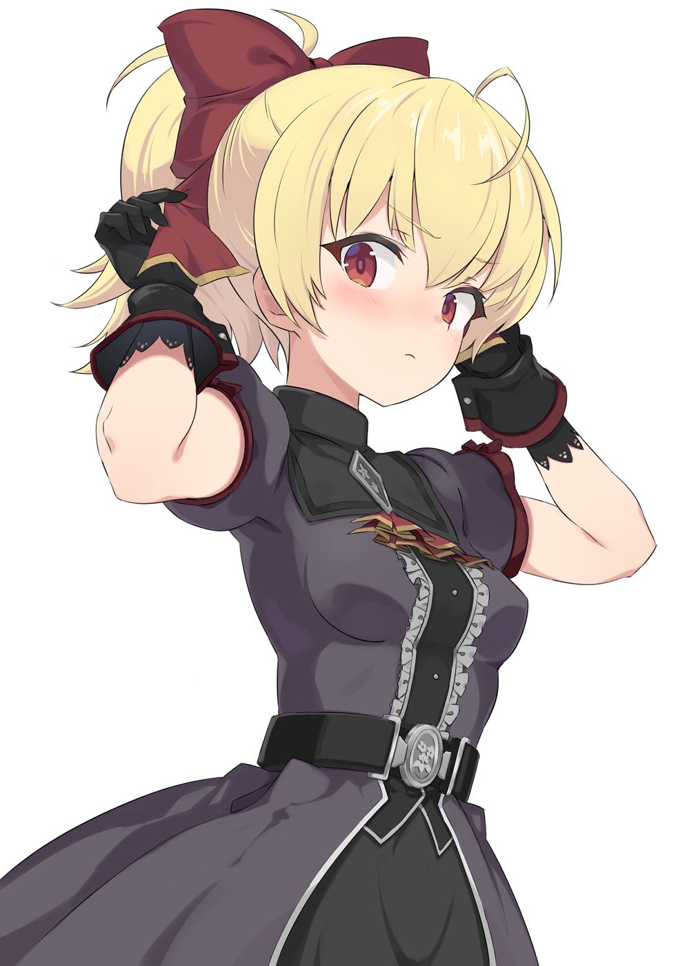 1girl adjusting_bow ahoge andou_tazusa assault_lily belt black_belt black_dress black_gloves blonde_hair blush bow bowtie breasts center_frills closed_mouth cowboy_shot dress frilled_dress frills gloves grey_dress hair_between_eyes hands_up high_ponytail highres layered_dress looking_at_viewer looking_to_the_side official_alternate_costume pera ponytail red_bow red_bowtie red_eyes short_hair short_sleeves sideways_glance simple_background small_breasts solo standing two-tone_dress white_background