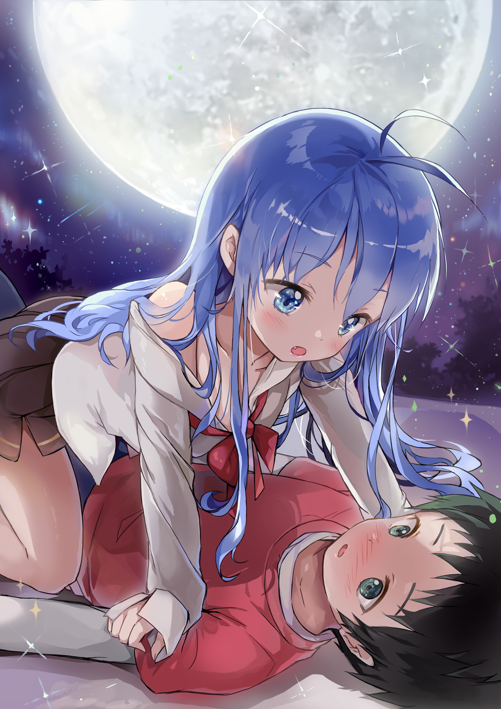 1boy 1girl antenna_hair bare_shoulders black_hair blue_eyes blue_hair blush cousins denpa_onna_to_seishun_otoko full_moon girl_on_top grey_eyes hair_between_eyes highres long_hair looking_at_another lying moon necktie night niwa_makoto on_back open_mouth pleated_skirt red_necktie red_shirt saya_(mychristian2) shirt skirt star_(sky) touwa_erio white_shirt