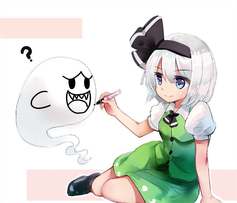 1girl ? black_footwear black_hairband blue_eyes boo_(mario) closed_mouth commentary_request drawing full_body ghost green_skirt green_vest grey_hair hairband konpaku_youmu konpaku_youmu_(ghost) looking_at_viewer lying mario_(series) nagare on_side shirt short_hair short_sleeves skirt smile solo touhou vest white_shirt