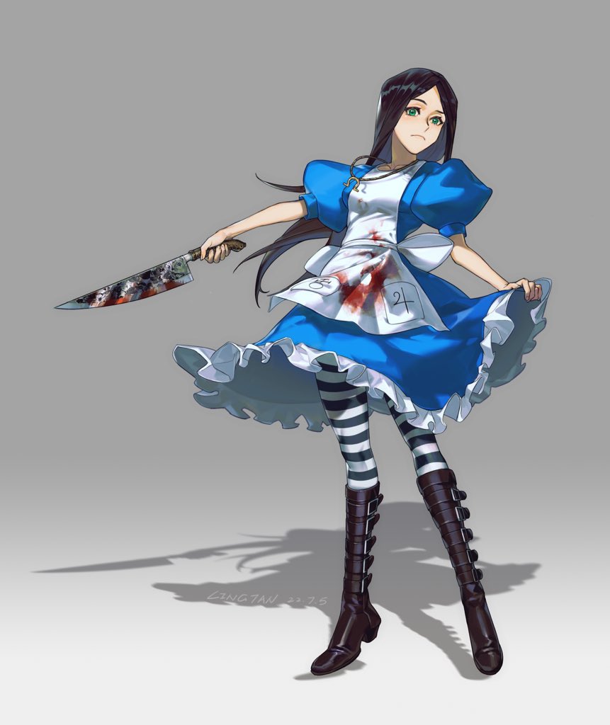 1girl alice_liddell_(american_mcgee's_alice) american_mcgee's_alice apron black_hair blood boots breasts closed_mouth commentary dated dress full_body green_eyes jewelry knife lingtan long_hair looking_at_viewer necklace pantyhose simple_background solo striped striped_pantyhose twitter_username weapon