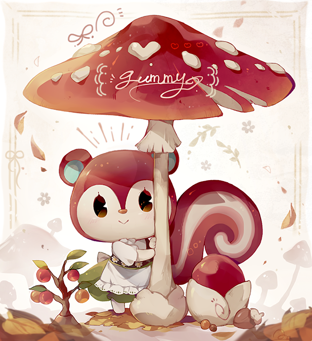 1girl :&gt; acorn animal_crossing apron berry blush brown_eyes character_name closed_mouth coco7 commentary_request dress falling_leaves floral_print flower_(symbol) fly_agaric frilled_apron frills furry furry_female green_dress leaf looking_at_viewer mushroom pinafore_dress plant poppy_(animal_crossing) seed shirt short_sleeves simple_background sleeveless sleeveless_dress smile solo squirrel_girl standing waist_apron white_apron white_background white_shirt