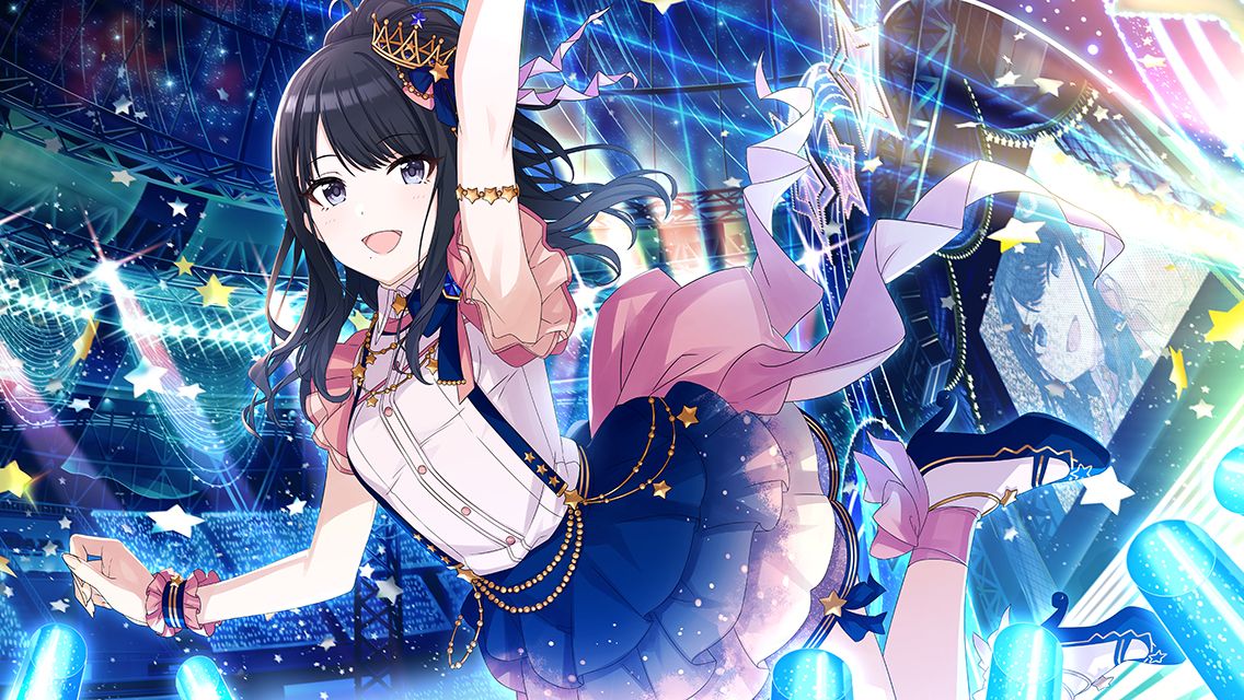 1girl :d ankle_ribbon arm_garter arm_up armpits black_hair blue_footwear blue_ribbon blue_skirt bow breasts chain collared_shirt crowd crown curtains frilled_skirt frilled_sleeves frills game_cg glowstick gold_chain hair_ornament hair_ribbon half_updo high_heels idolmaster idolmaster_shiny_colors jumping kazano_hiori leg_ribbon long_hair looking_at_viewer mini_crown mole mole_under_mouth official_art penlight_(glowstick) pink_bow pink_ribbon purple_eyes ribbon shirt skirt sleeveless sleeveless_shirt small_breasts smile solo_focus sparkle stage stage_lights star_(sky) star_(symbol) suspender_skirt suspenders white_shirt wrist_cuffs