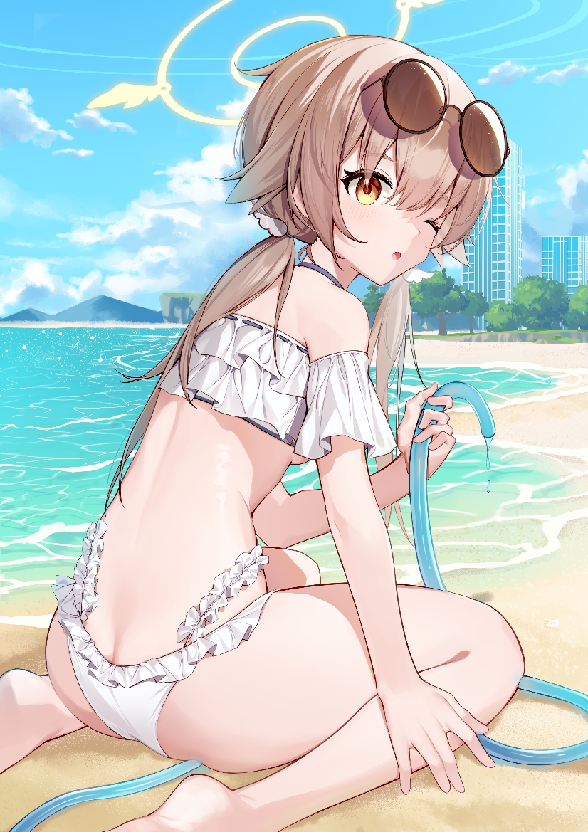1girl ass bare_shoulders barefoot beach bikini blue_archive blue_sky breasts building butt_crack cloud commentary day eyewear_on_head frilled_bikini frills from_behind hair_between_eyes halo halterneck hifumi_(blue_archive) hifumi_(swimsuit)_(blue_archive) holding holding_hose hose light_brown_hair long_hair looking_at_viewer looking_back low_twintails ocean off-shoulder_bikini off_shoulder official_alternate_costume one_eye_closed open_mouth outdoors ratto_(ratto_channel) round_eyewear sitting sky small_breasts solo swimsuit thighs tree twintails wariza white_bikini yellow_eyes yellow_halo