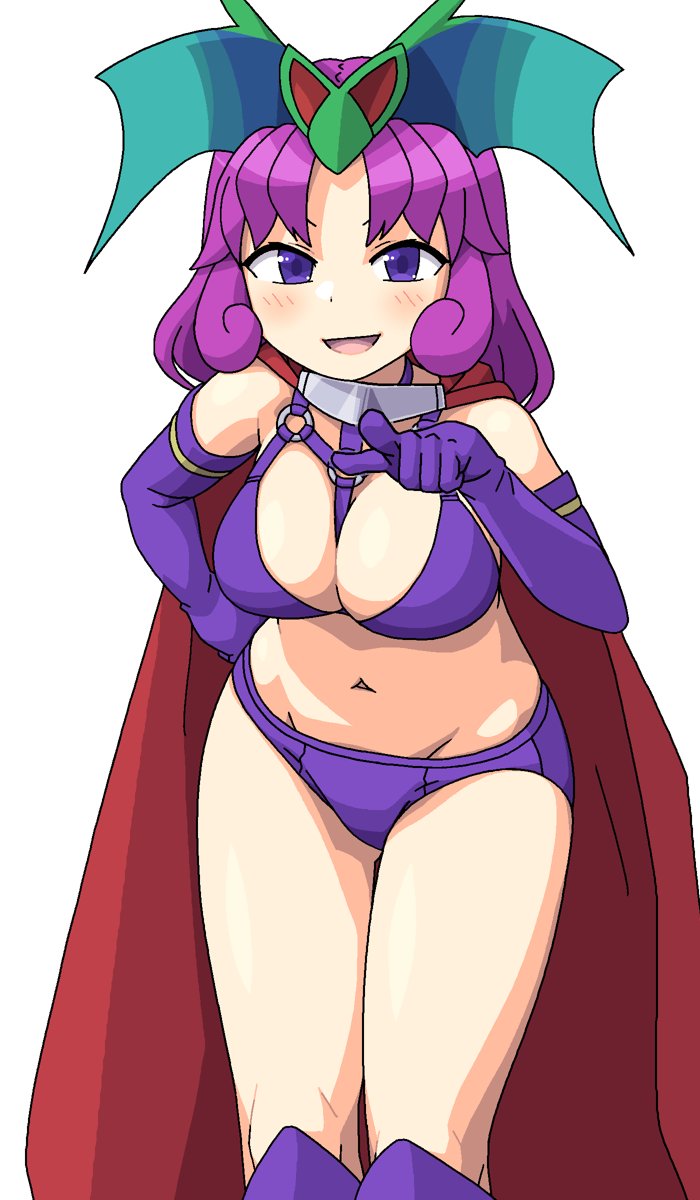 1girl bikini breasts cape cleavage elbow_gloves gloves highres looking_at_viewer maruput monster_girl navel open_mouth purple_bikini purple_eyes purple_gloves purple_hair purple_thighhighs red_cape saga saga_frontier short_hair simple_background smile solo swimsuit thighhighs white_background