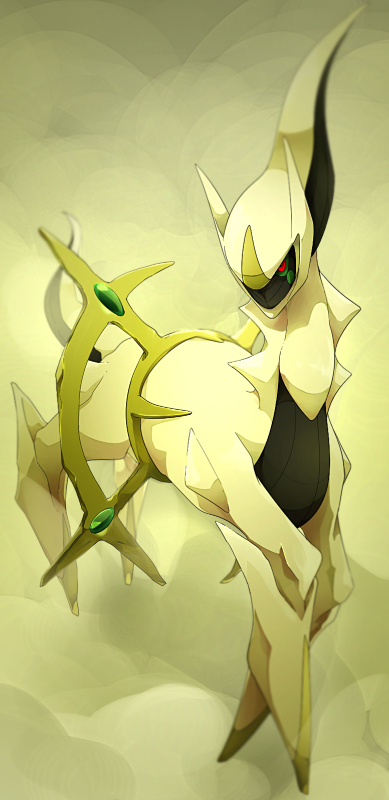 animal_focus arceus colored_sclera flame-tipped_tail full_body gem glowing glowing_eyes highres kura_(shironagasu02) looking_at_viewer metal no_humans no_mouth pokemon pokemon_(creature) red_eyes solo solo_focus spikes spot_color tail tendril