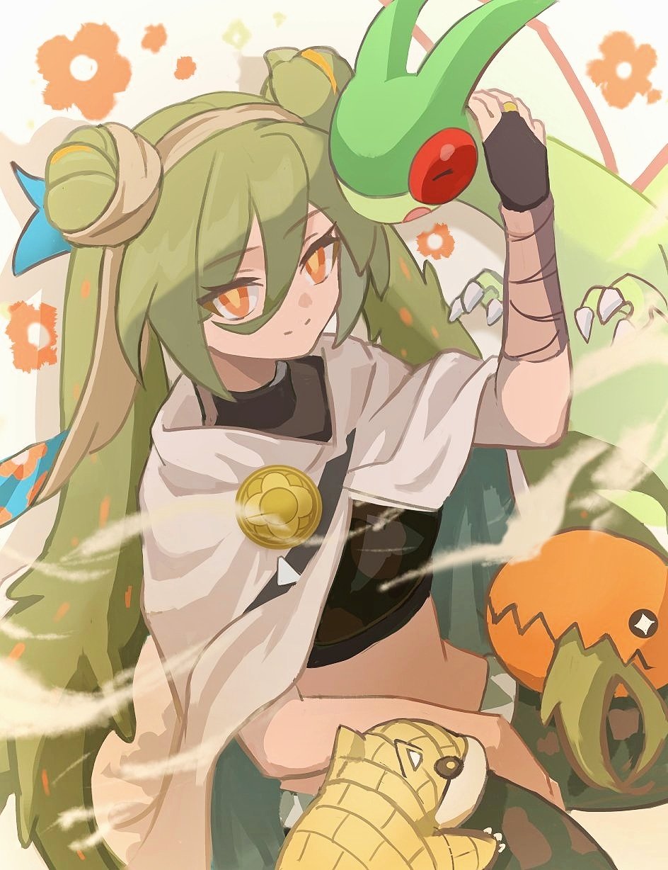 1girl bandaged_arm bandages brooch cape cloak crop_top double_bun dragon floral_print flygon gloves green_hair green_wings ground_miku_(project_voltage) hair_between_eyes hair_bun hatsune_miku highres jewelry long_hair midriff orange_eyes pants pokemon pokemon_(creature) project_voltage sandshrew single_glove smile touchika trapinch twintails very_long_hair vocaloid white_cloak wings