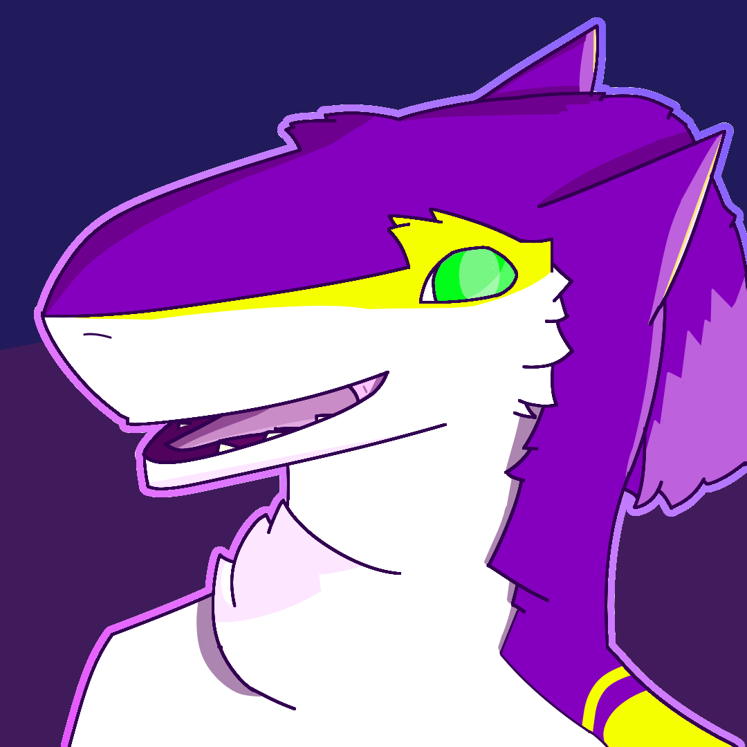 1:1 ambiguous_gender anthro bust_portrait female_(lore) fur green_eyes looking_at_viewer markings mauve_(mauvedash) mauvedash portrait purple_body purple_fur sergal solo tagme teeth tongue white_body white_fur yellow_markings