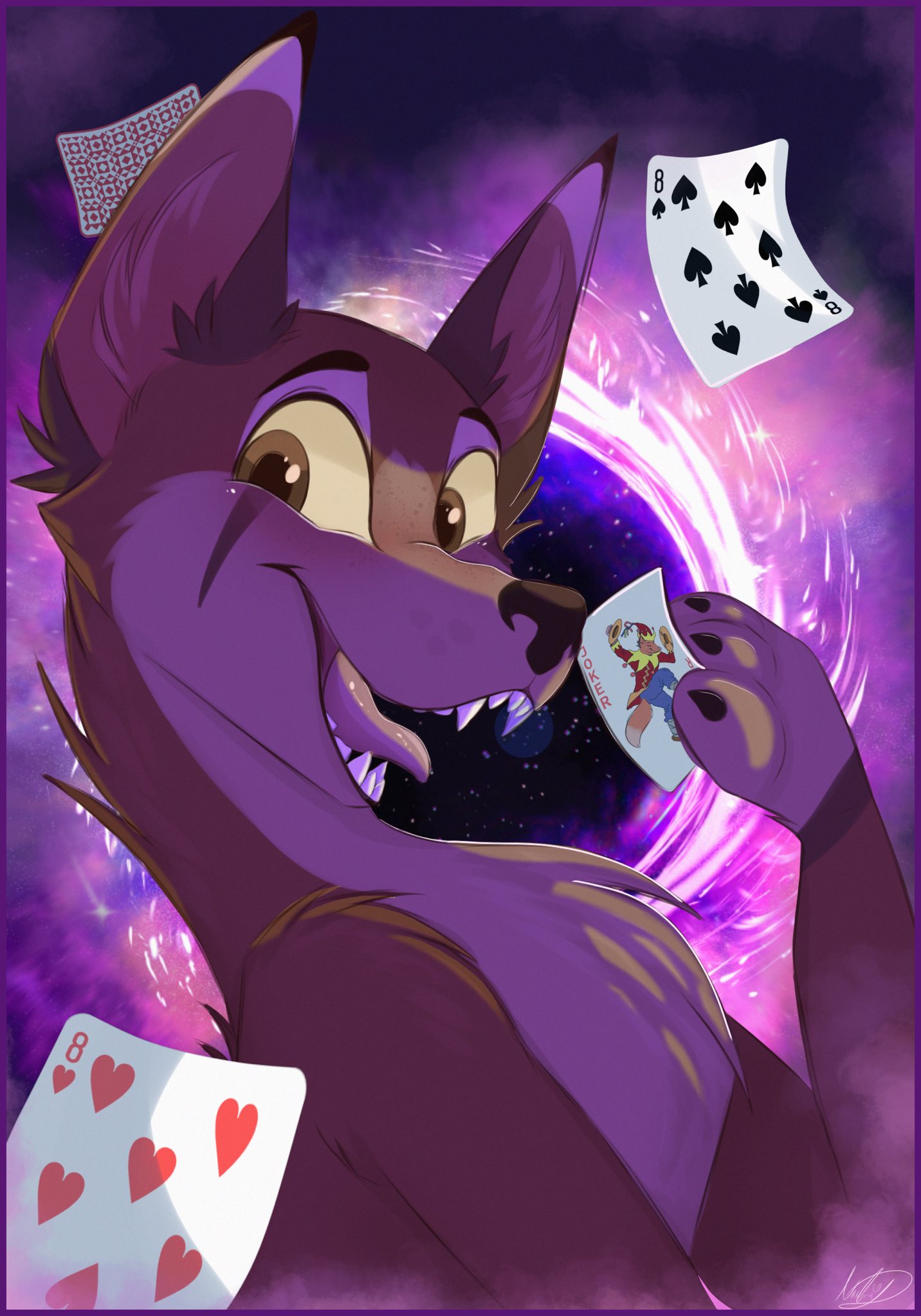 2023 ambiguous_gender black_eyebrows black_nose border brown_body brown_ears brown_eyes brown_fur brown_markings canid canine card eyebrows feral fluffyfoxarts fur hearts_(suit) hi_res holding_object holding_playing_card joker_(playing_card) looking_at_viewer mammal markings multicolored_body multicolored_fur open_mouth paws pink_border pink_inner_ear pink_tongue playing_card portal sharp_teeth signature snout solo space spades_(suit) star suit_symbol teeth tongue two_tone_body two_tone_fur white_body white_fur yellow_sclera