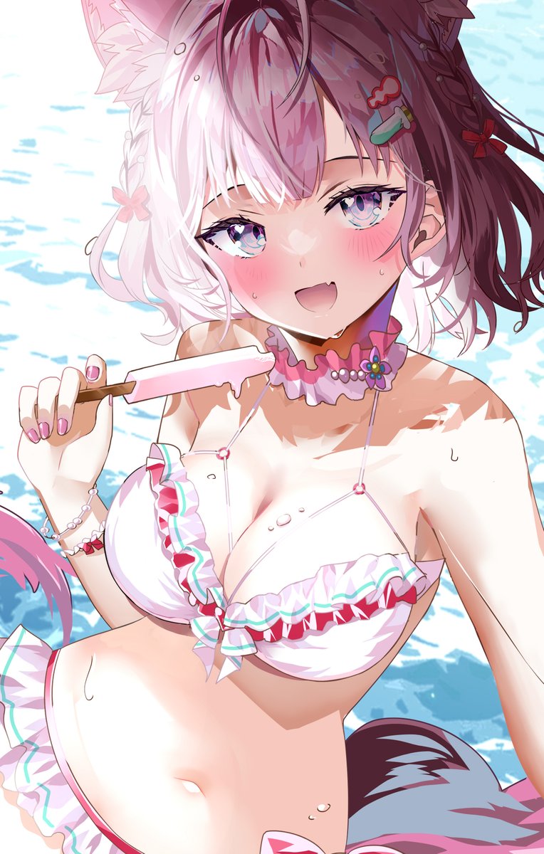 blush choker flower_collar food hakui_koyori hakui_koyori_(3rd_costume) heart_bikini highres holding holding_food holding_popsicle hololive looking_at_viewer pearl_choker pearl_hair_ornament pink_nails pink_tail popsicle purple_eyes sho_(runatic_moon) short_hair sitting_on_water swimsuit test_tube_hair_ornament virtual_youtuber wet wet_clothes wet_swimsuit white_choker wolf_girl