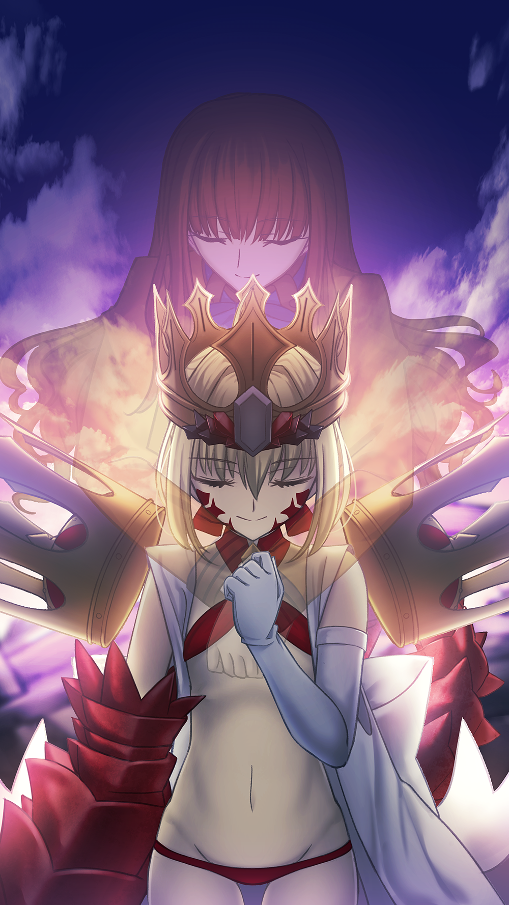 2girls bikini blonde_hair brown_hair closed_eyes closed_mouth cloud commentary_request criss-cross_halter crown dragon_claw dragon_girl dragon_tail elbow_gloves facial_mark fading fate/extra fate/grand_order fate_(series) flat_chest gloves halterneck highres hug hug_from_behind jewelry kishinami_hakuno_(female) long_hair long_sleeves multiple_girls navel nero_claudius_(fate) queen_draco_(fate) red_bikini revealing_clothes shoori_(migiha) short_hair single_elbow_glove sky sling_bikini_top smile stomach swimsuit tail transparent tsukumihara_academy_uniform_(fate/extra) white_gloves