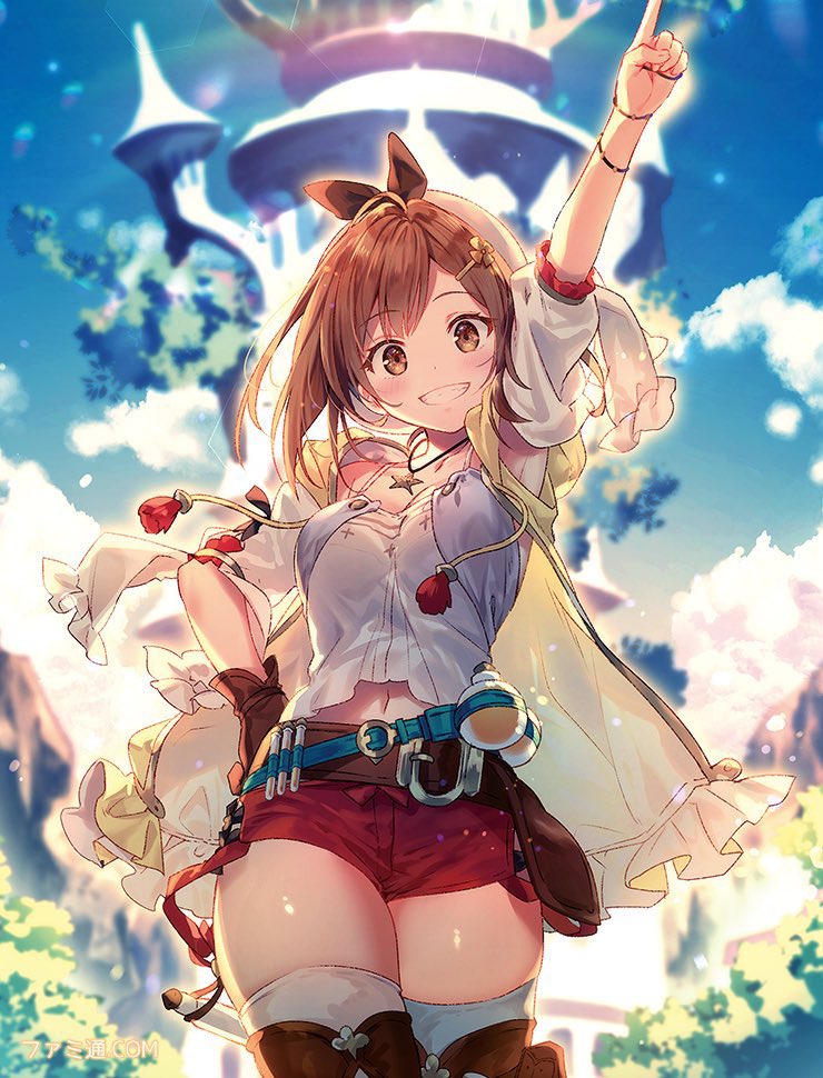 atelier_(series) atelier_ryza belt brown_belt brown_gloves flask gloves jacket jewelry leather leather_belt leather_gloves necklace red_shorts reisalin_stout riichu round-bottom_flask short_shorts shorts single_glove sleeveless sleeveless_jacket star_(symbol) star_necklace vial white_headwear yellow_jacket