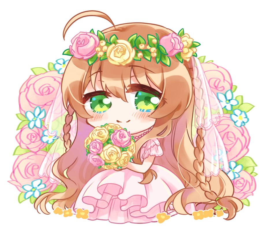 1girl ahoge blue_flower blush bouquet braid brown_hair chibi chogi closed_mouth commentary dress eyes_visible_through_hair floral_background flower flower_wreath frilled_sleeves frills green_eyes hair_between_eyes head_wreath holding holding_bouquet jewelry kanbe_kotori leaf long_dress long_hair looking_at_viewer necklace pearl_necklace pink_dress pink_flower pink_rose rewrite rose short_sleeves sidelocks simple_background smile solo symbol-only_commentary twin_braids very_long_hair wavy_hair wedding_dress white_background yellow_flower yellow_rose