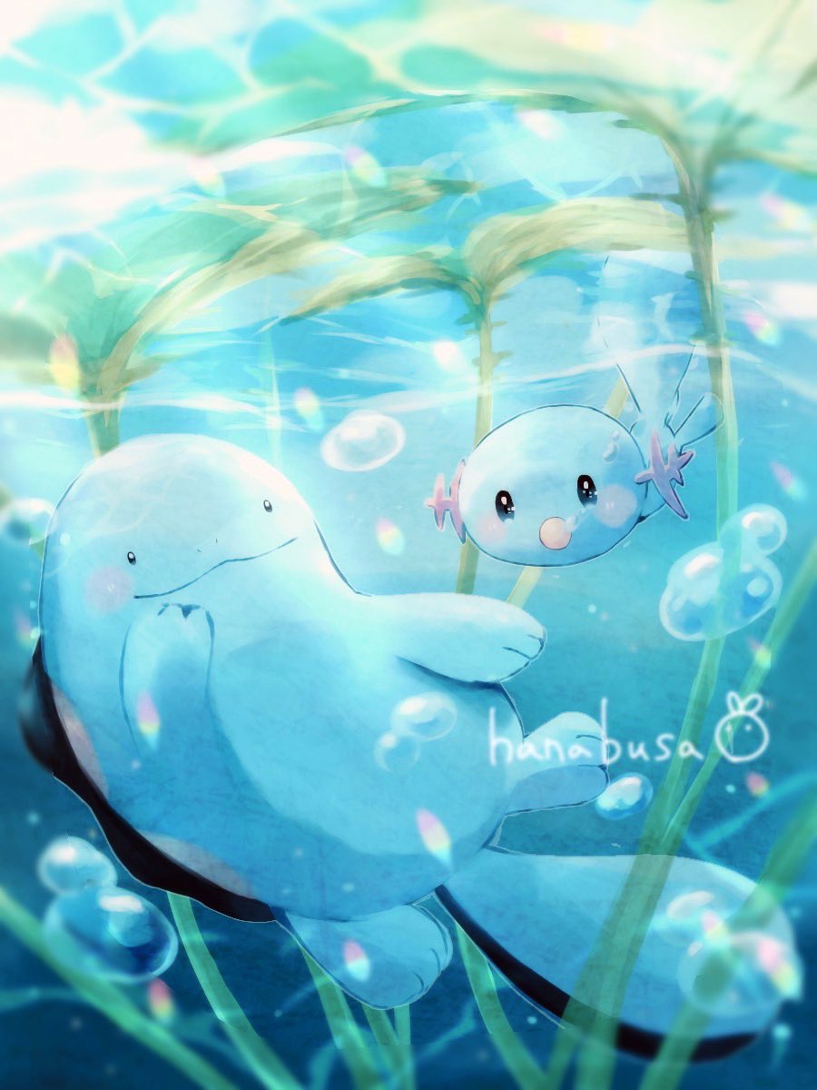 :o animal_focus blue_skin bubble colored_skin commentary_request evolutionary_line hanabusaoekaki highres no_humans plant pokemon pokemon_(creature) quagsire smile solid_oval_eyes sunlight underwater wooper