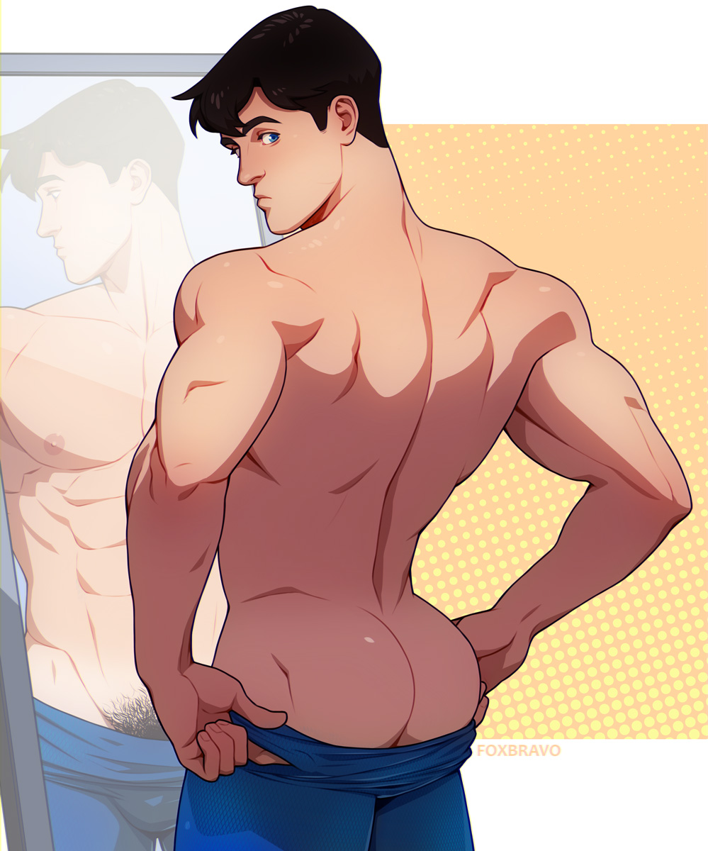 1boy ass back bara black_hair blue_eyes blue_pants clark_kent closed_mouth dc_comics dressing fox_bravo highres male_focus male_pubic_hair mirror mirror_image muscular muscular_male my_adventures_with_superman pants pants_lift pubic_hair short_hair solo superman_(series) topless_male
