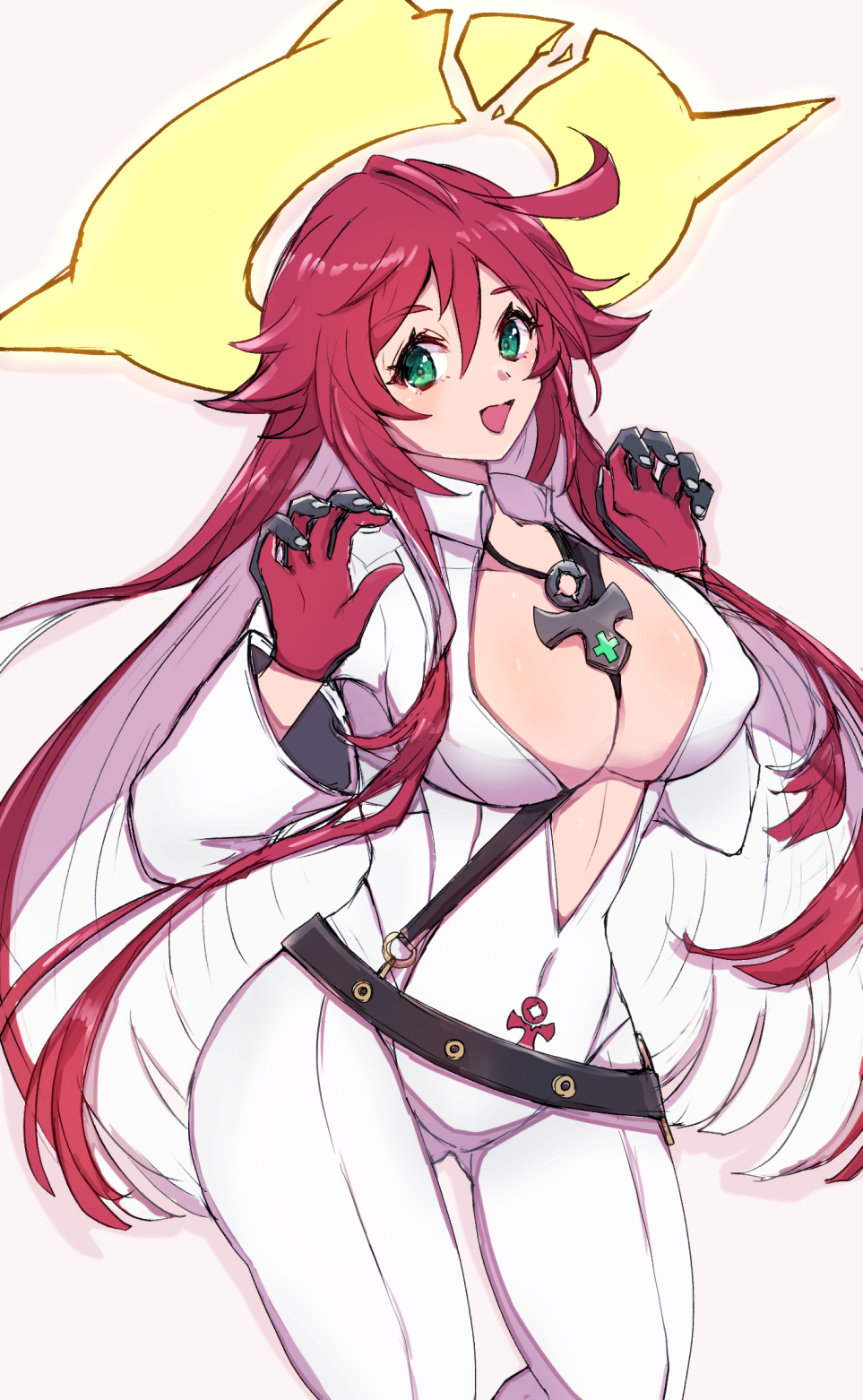 1girl ankh_necklace bell-bottoms belt bodysuit breasts broken_halo chemaru_(a8l) cleavage compass_rose_halo front_slit gloves green_eyes guilty_gear guilty_gear_strive halo highres jack-o'_valentine large_breasts long_hair long_sleeves pants red_gloves red_hair skull_belt solo studded_belt too_many_belts very_long_hair white_bodysuit
