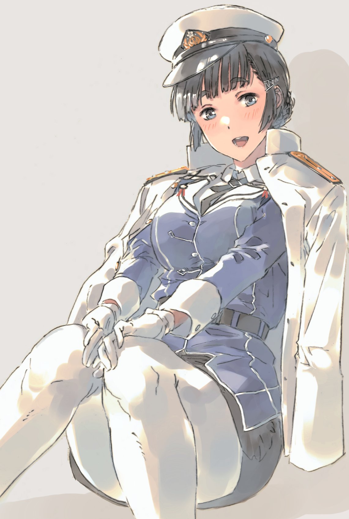 1girl black_hair black_skirt braid braided_bun breasts brown_eyes brown_hair buttoned_cuffs gloves grey_background hair_bun hair_ornament hairclip hat highres jacket jacket_on_shoulders kantai_collection long_hair long_sleeves looking_at_viewer medium_breasts military military_hat military_jacket military_uniform myoukou_(kancolle) myoukou_kai_ni_(kancolle) open_mouth pantyhose peaked_cap pencil_skirt purple_jacket simple_background single_hair_bun sitting skirt smile solo suzumaru uniform white_gloves white_jacket white_pantyhose