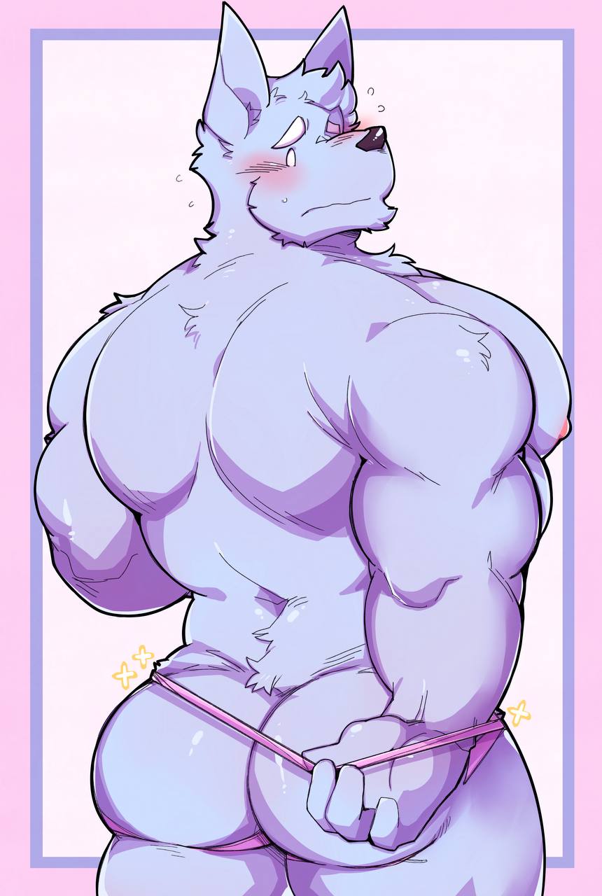 anthro barazoku big_butt big_pecs blue_body blue_fur blush butt canid canine canis clothed clothing clothing_pull digital_media_(artwork) eyebrows fur hi_res jockstrap jockstrap_only jockstrap_pull looking_back male mammal muscular muscular_anthro muscular_male nipples pecs rear_view sain_(seintaur) seintaur solo tight_jockstrap topless underwear underwear_only underwear_pull white_eyebrows wolf