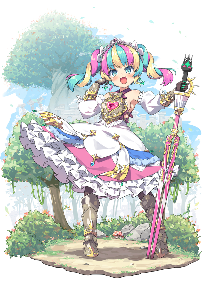 1girl armor armored_boots blonde_hair blue_eyes blue_hair boots breastplate breasts brown_pantyhose commentary_request day detached_sleeves dress earrings frilled_dress frills full_body gauntlets hands_up hatsunatsu heart jewelry long_sleeves multicolored_hair pantyhose pink_hair planted planted_sword princess_(sekaiju) princess_5_(sekaiju) puffy_long_sleeves puffy_sleeves sekaiju_no_meikyuu sekaiju_no_meikyuu_3 sekaiju_no_meikyuu_hd sideboob small_breasts solo standing sword tiara tree twintails two-tone_hair weapon white_background white_dress white_sleeves
