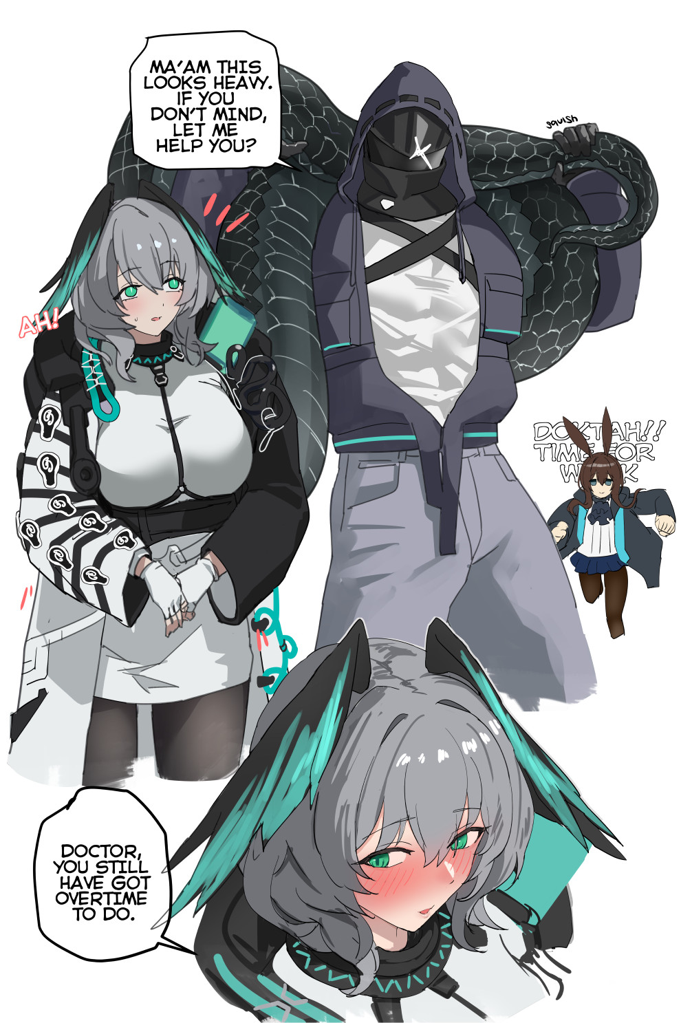1boy 2girls amiya_(arknights) animal_ears arknights black_jacket blazingchaos blue_eyes blush breasts brown_hair commentary covered_abs doctor_(arknights) english_text fingerless_gloves gloves green_eyes grey_hair grey_shorts head_wings highres ho'olheyak_(arknights) holding_another's_tail hood hood_up hooded_jacket jacket large_breasts long_sleeves male_doctor_(arknights) multiple_girls muscular muscular_male open_mouth rabbit_ears shorts smile sparkle tail two-tone_coat white_gloves wings
