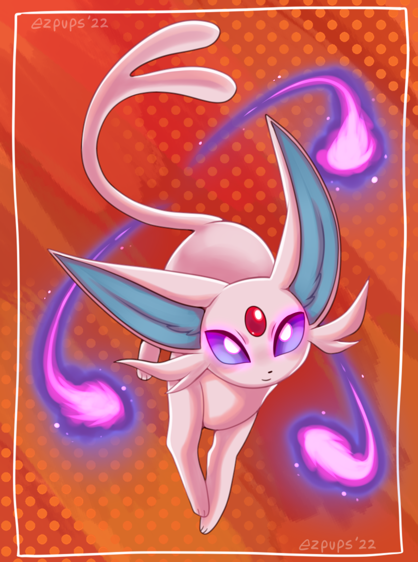 ambiguous_gender big_ears colored eeveelution espeon ezpups facial_tuft feral floating forehead_gem forked_tail full-length_portrait fur generation_2_pokemon glowing glowing_eyes handpaw hindpaw inner_ear_fluff nintendo paws pink_body pink_fur pokemon pokemon_(species) portrait prick_ears purple_eyes shaded smile solo tail tuft unusual_anatomy unusual_tail