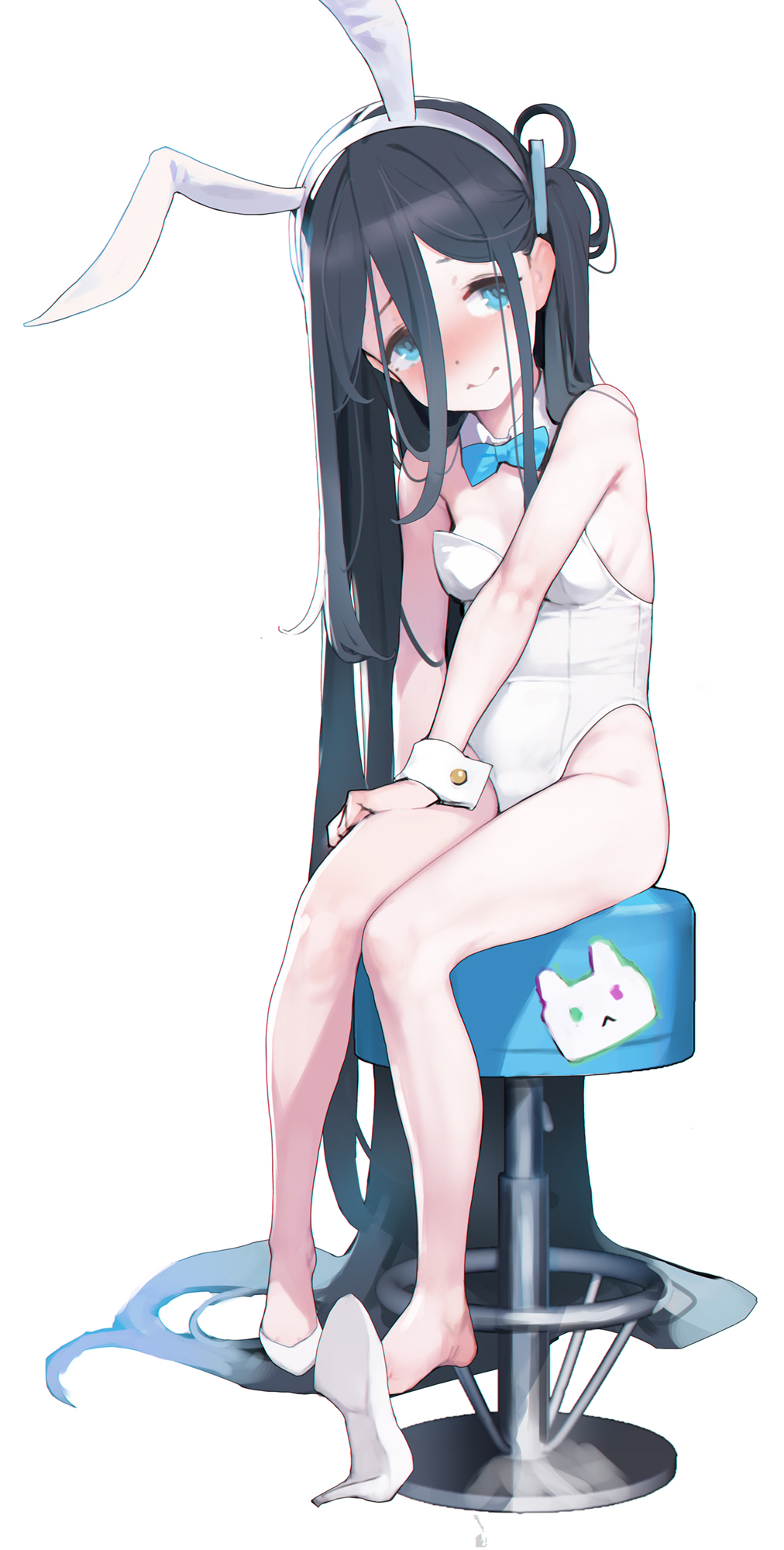 1girl alternate_costume animal_ears aris_(blue_archive) ataruman bar_stool bare_legs bare_shoulders black_hair blue_archive blue_bow blue_eyes blush bow bowtie breasts detached_collar fake_animal_ears hair_between_eyes hairband high_heels highres leotard long_hair looking_at_viewer playboy_bunny rabbit_ears shoes simple_background sitting small_breasts smile solo stool strapless strapless_leotard very_long_hair white_background white_leotard wrist_cuffs