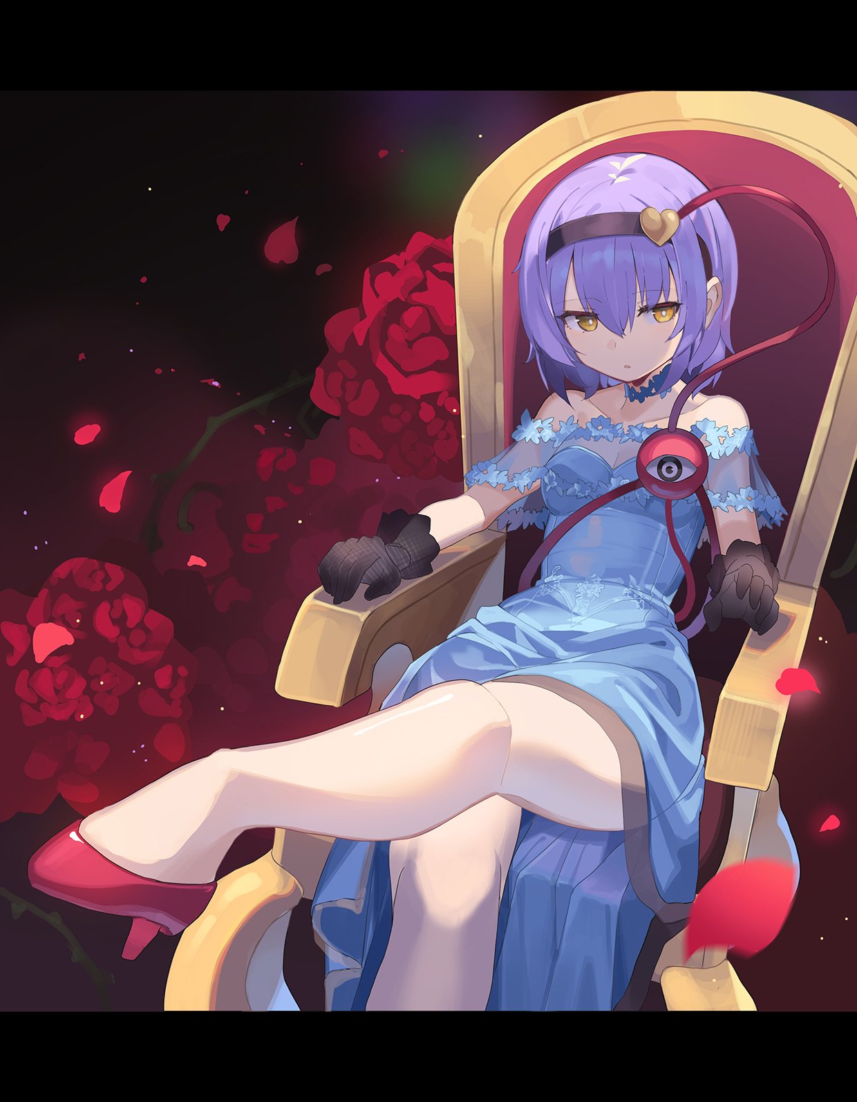 1girl :o alternate_costume alternate_eye_color arm_rest bare_legs bare_shoulders black_gloves black_hairband blue_choker blue_dress breasts choker cleavage crossed_legs dress eyeball falken_(yutozin) gloves grey_eyes hair_between_eyes hair_ornament hairband heart heart_hair_ornament high_heels highres jitome komeiji_satori leg_up letterboxed light_particles light_purple_hair looking_at_another looking_at_viewer off-shoulder_dress off_shoulder outstretched_leg parted_lips petals pumps purple_hair revision rose_bush rose_petals see-through see-through_sleeves short_hair short_sleeves sidelocks sitting solo strapless strapless_dress third_eye throne touhou yellow_eyes