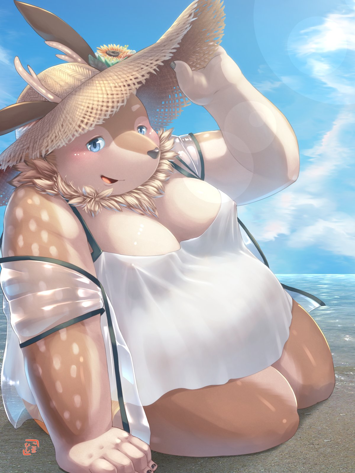anthro beach belly blouse blue_eyes blush clothed clothing crossdressing deer fur hat headgear headwear hi_res hiko_shichi kazusa male mammal moobs overweight seaside solo spots spotted_body spotted_fur straw_hat tamacolle topwear