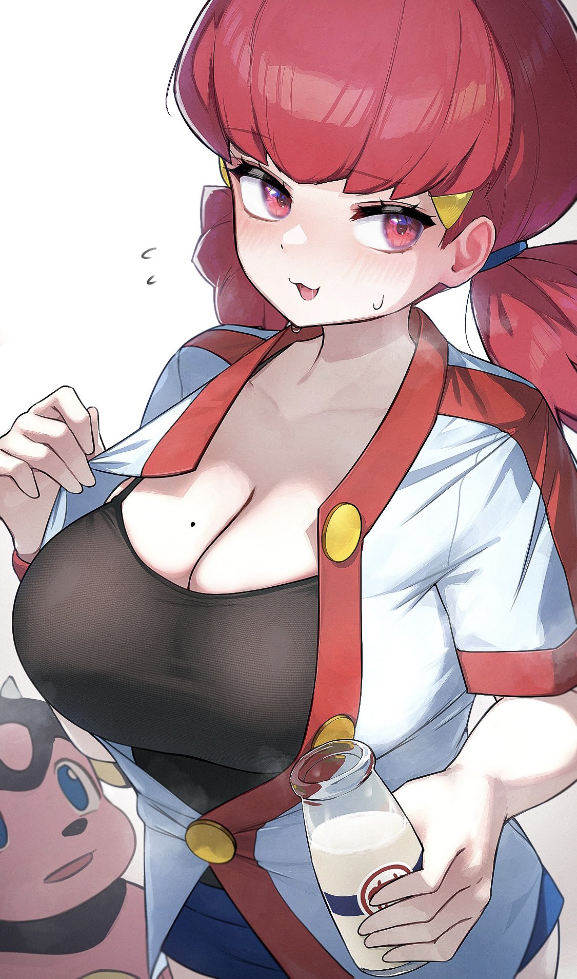 1girl 1other baseball_jersey blush bottle breasts cleavage commentary crop_top flying_sweatdrops hair_ornament hairclip highres kashu_(hizake) large_breasts milk milk_bottle miltank mole mole_on_breast pink_eyes pink_hair pokemon pokemon_(game) pokemon_gsc short_twintails skirt solo sweat symbol-only_commentary twintails whitney_(pokemon)