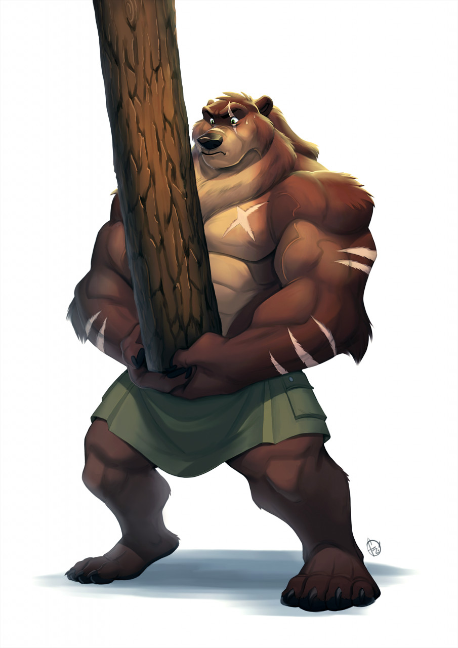 anthro bear big_arms bobby_arts bodily_fluids brown_bear caber_toss chest_scar grizzly_bear grizzlygus gus_(grizzlygus) hi_res highland_games kilt kodiak_bear log male mammal muscular scar shirtless shirtless_male solo sweat ursine wood