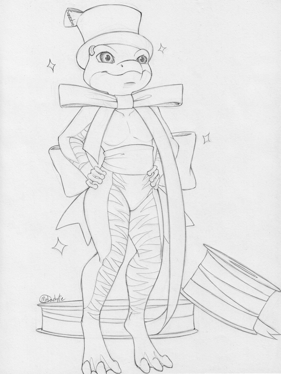 2015 ambiguous_gender amphibian anthro biped black_and_white bow_ribbon bow_tie closed_smile clothing digitigrade featureless_chest featureless_crotch frog front_view hands_on_own_hips hat headgear headwear hi_res malachyte micro monochrome mouth_closed smile solo sparkles standing striped_body stripes top_hat