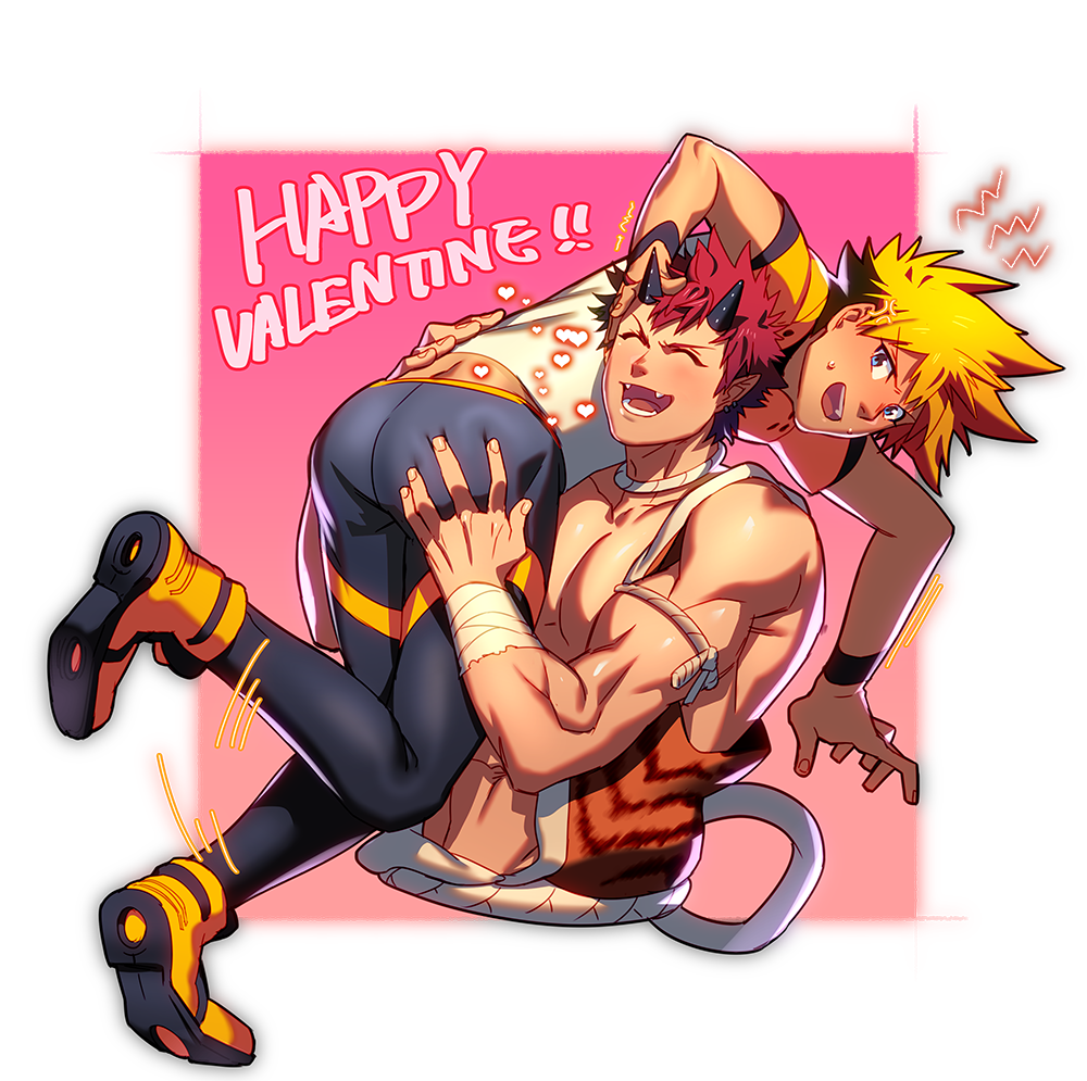 2boys ass bandaged_arm bandages bara black_pants blonde_hair boots carrying carrying_person closed_eyes demon_boy demon_horns english_text happy_valentine horns large_pectorals lenga_valentine looking_at_another lvlv male_focus multiple_boys muscular muscular_male open_clothes open_mouth pants paradiso_guardian pectorals red_hair shirt short_hair shuten_douji_(paradiso_guardian) smile white_shirt yaoi