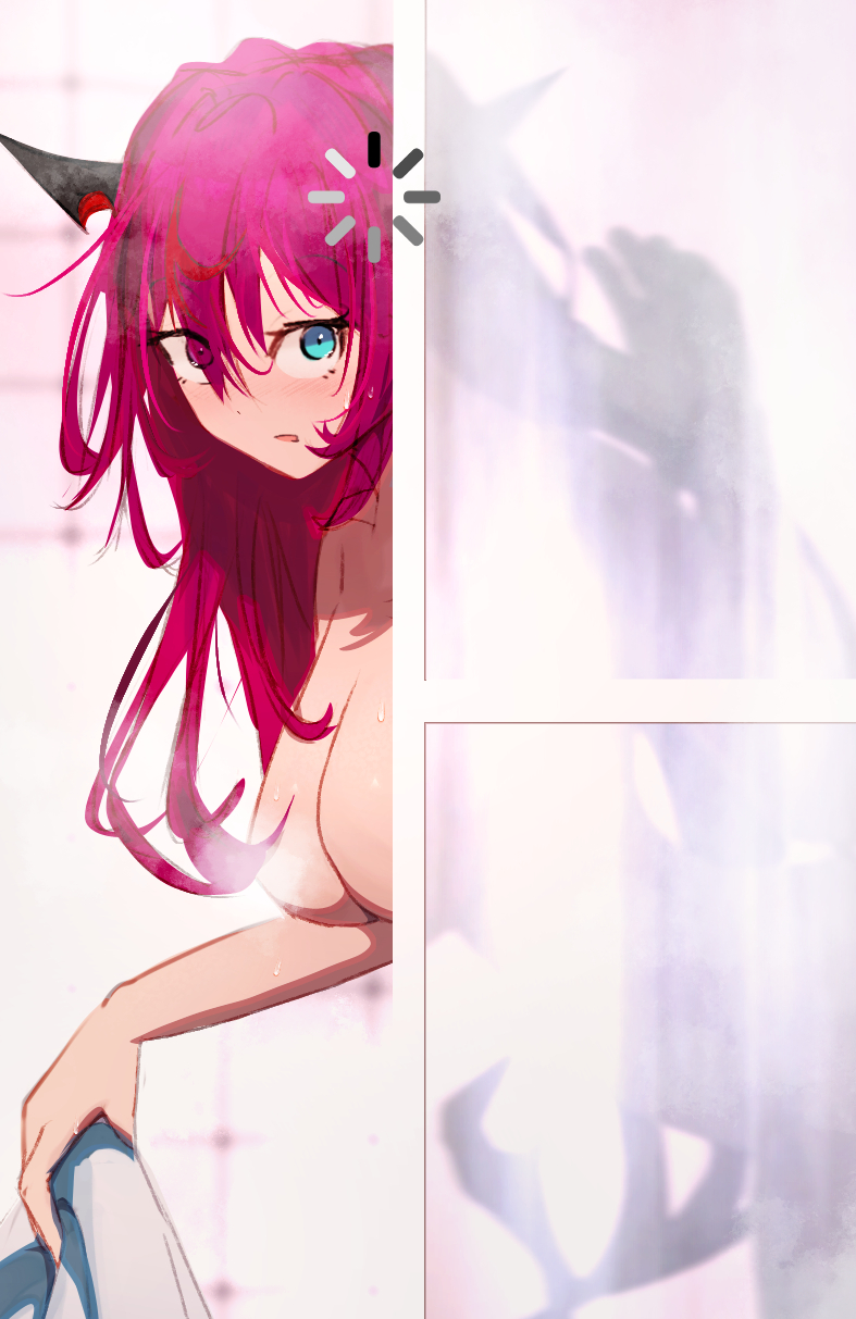1girl bathing bathroom blue_eyes blush breasts cleavage completely_nude convenient_censoring embarrassed getto heterochromia highres holding holding_towel hololive hololive_english horns irys_(hololive) large_breasts long_hair looking_at_viewer multicolored_hair multiple_horns nude open_mouth pink_eyes pointy_ears purple_eyes purple_hair red_hair see-through shower_(place) showering solo steam steam_censor streaked_hair tile_wall tiles towel very_long_hair virtual_youtuber wet wet_hair white_towel