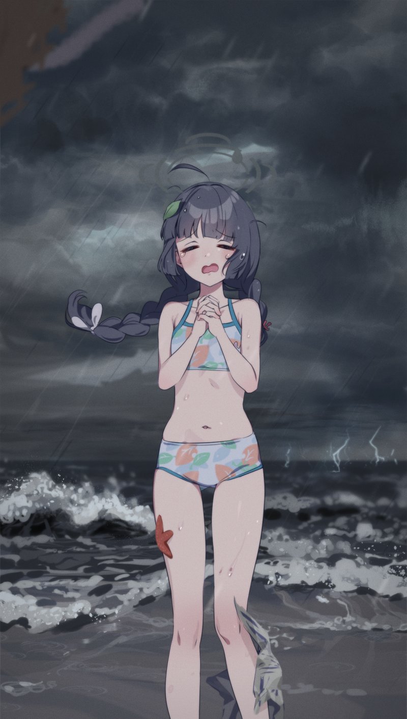 1girl ahoge beach bikini black_hair blue_archive blunt_bangs braid closed_eyes cloud cloudy_sky commentary dress facing_viewer feet_out_of_frame grey_halo grey_sky halo highres leaf leaf_on_head leaf_print lightning long_hair miyu_(blue_archive) miyu_(swimsuit)_(blue_archive) navel ocean official_alternate_costume open_mouth outdoors own_hands_together praying print_bikini purple_dress rain sad single_braid sky solo standing starfish stomach storm swimsuit tears waves yuura